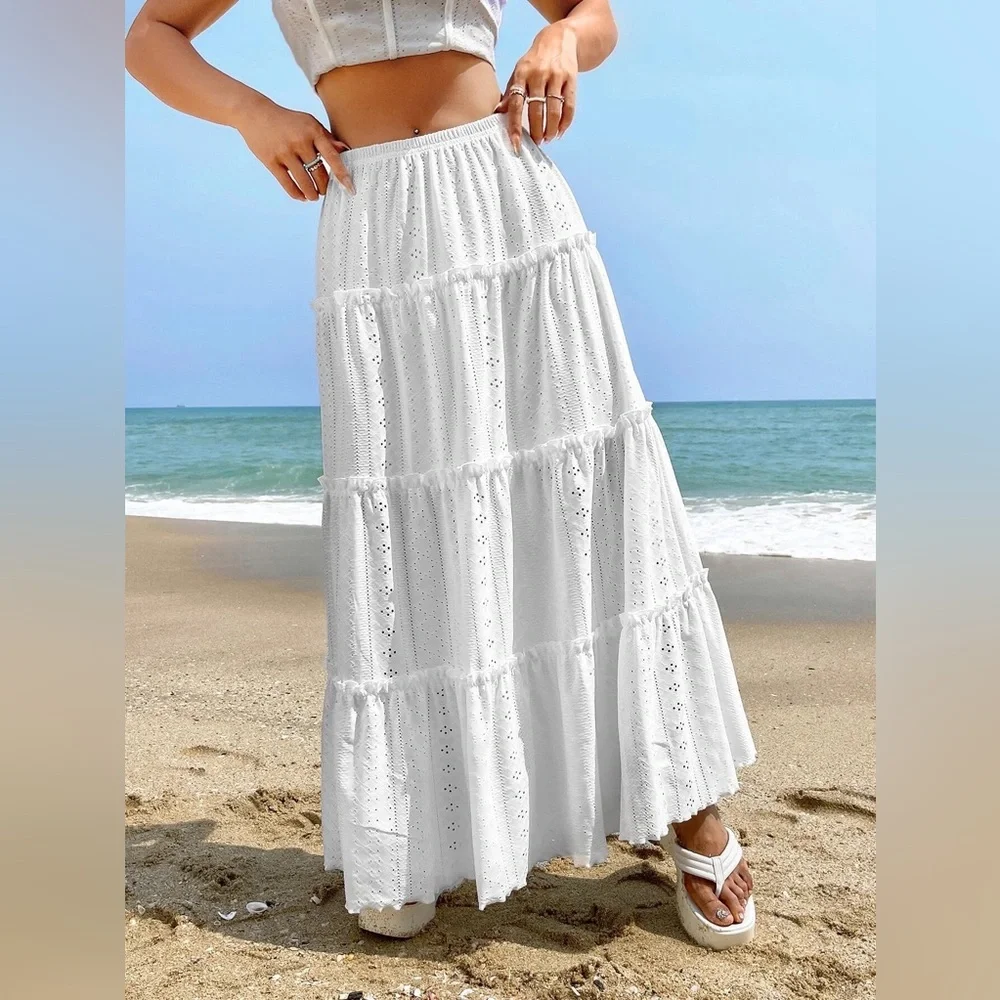 Tiered eyelet lace white maxi skirt boho gypsy